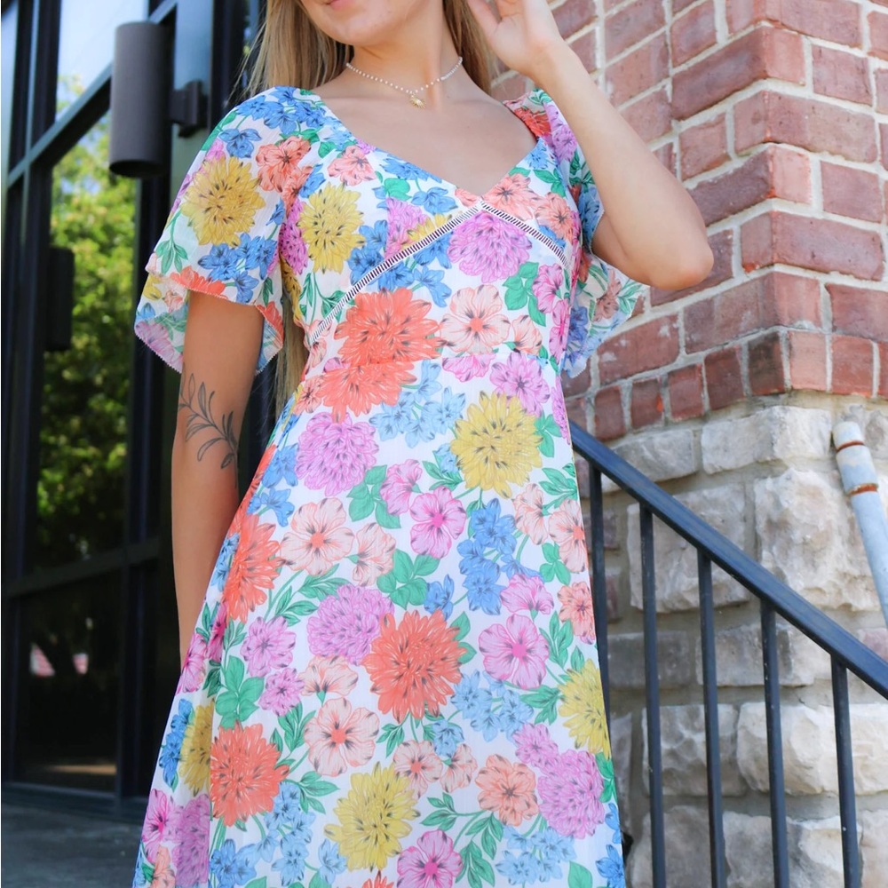 Adelyn Rae Floral Cocktail Midi Dress Chiffon Colourful Women’s Size Large